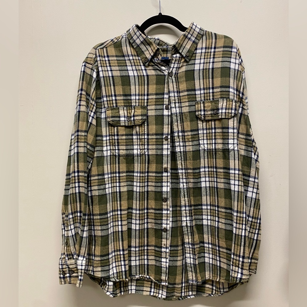 Faded Glory Mens Flannel, Size XL, olive green/yellow
